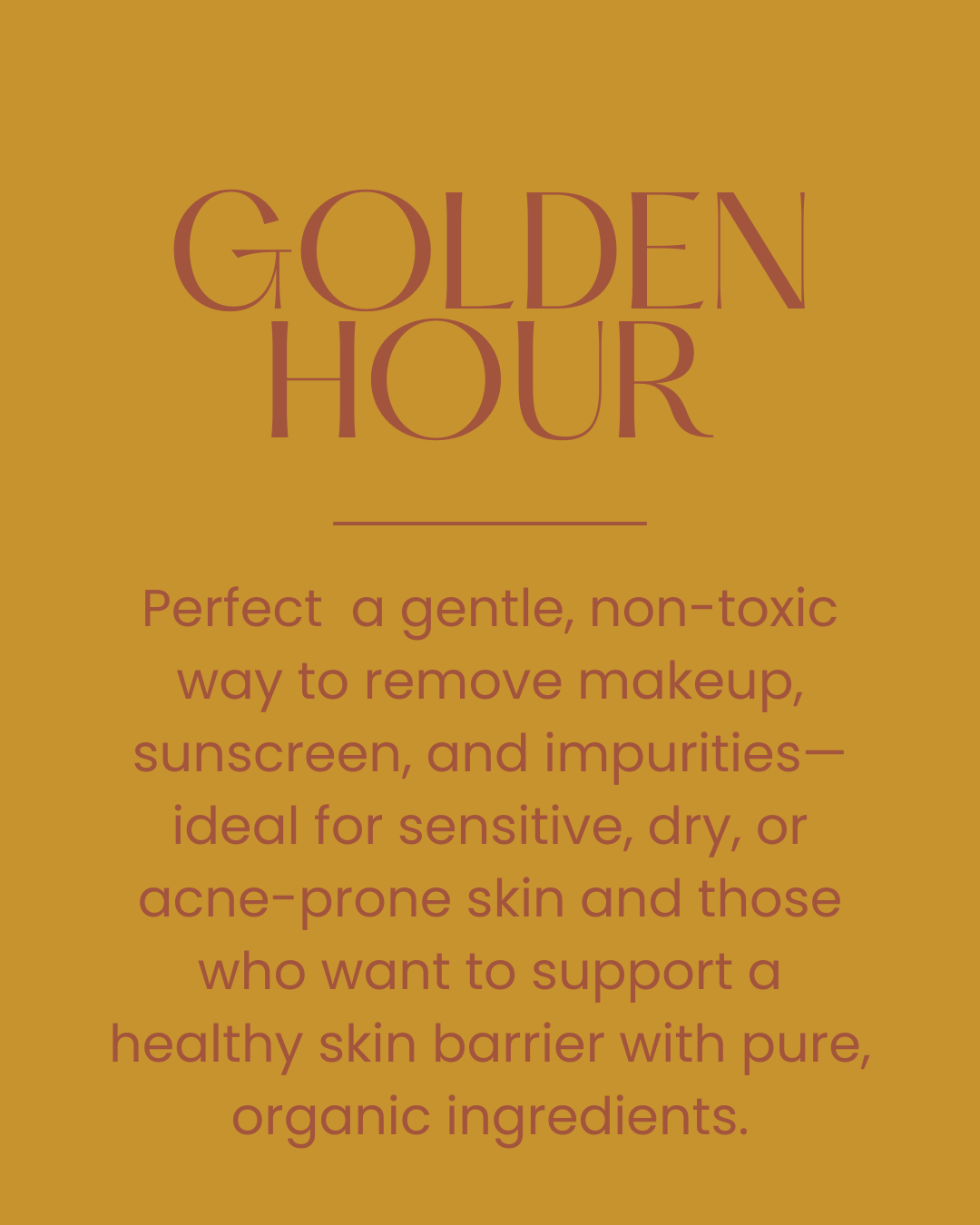 Text on a mustard yellow background describing 'Golden Hour' makeup removal product.